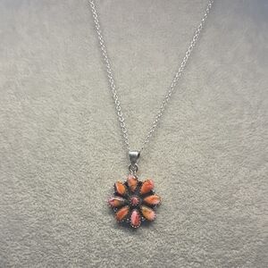 Elegant Silver and Orange Flower Pendant Necklace